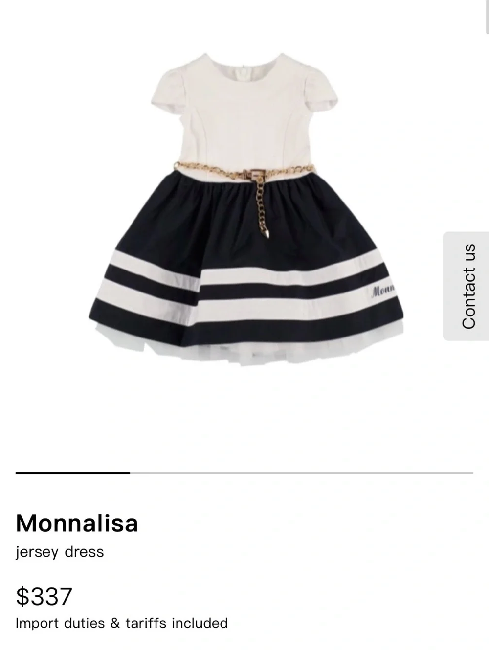 Monnalisa Girls Jersey Dress Size 10 Navy White Gold Chain Belt